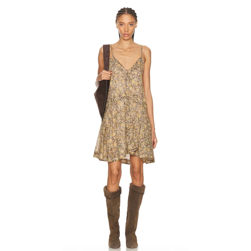 Isabel Marant Etoile Danielle Mini Dress Khaki Brown Floral Cotton Size 36 Small